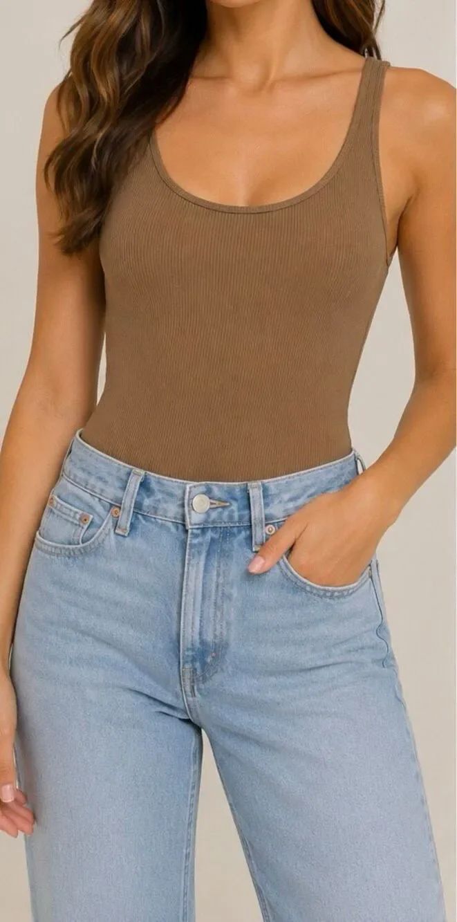 Abercrombie & Fitch Soft A&F Ribbed Bodysuit Tan Beige Size M